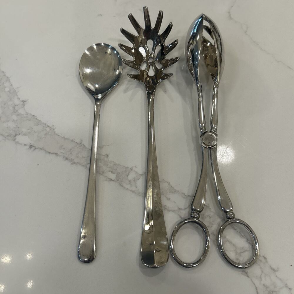 International Silver Silver Plated Set of 3 Serving Spoons Salad Tongs - Picture 15 of 16